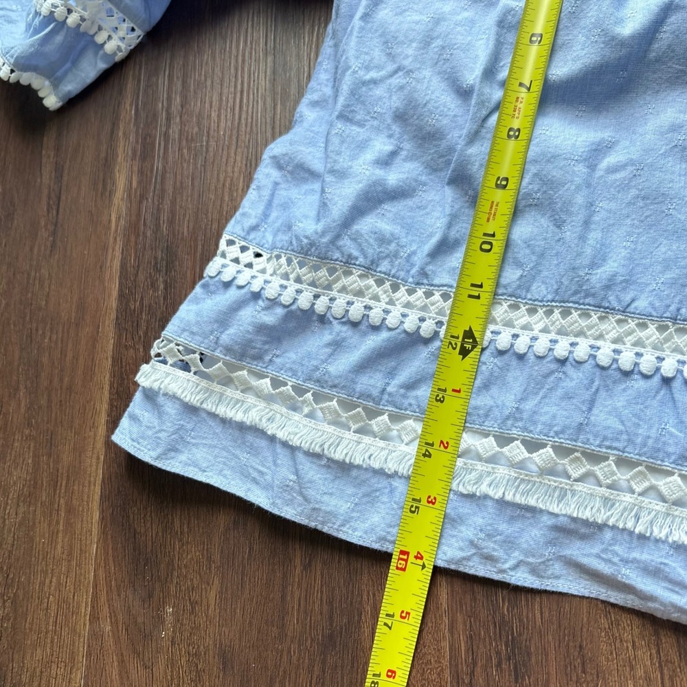 Cottagecore Prairie Light Blue Off-Shoulder Top Crochet Tassel Size 8 - Picture 4 of 9